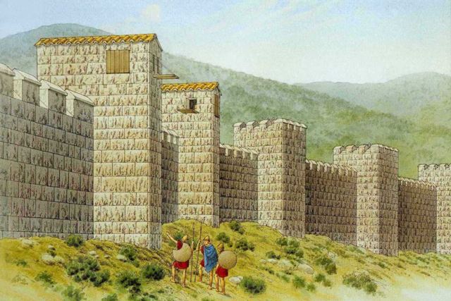 Isthmia - Isthmian wall - Artist's impression of the ancient Greek wall